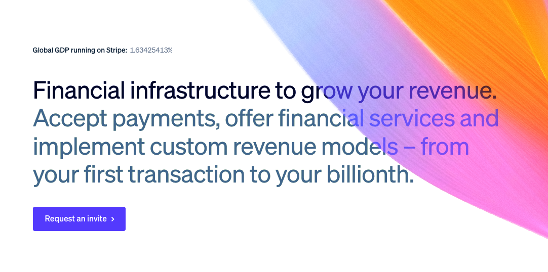 Stripe homepage hero section showing a grid of enterprise products and abstract financial infrastructure copy